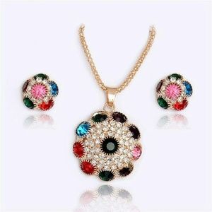 🆕18K Gold Filled Rhinestone Flowers Jewelries Set